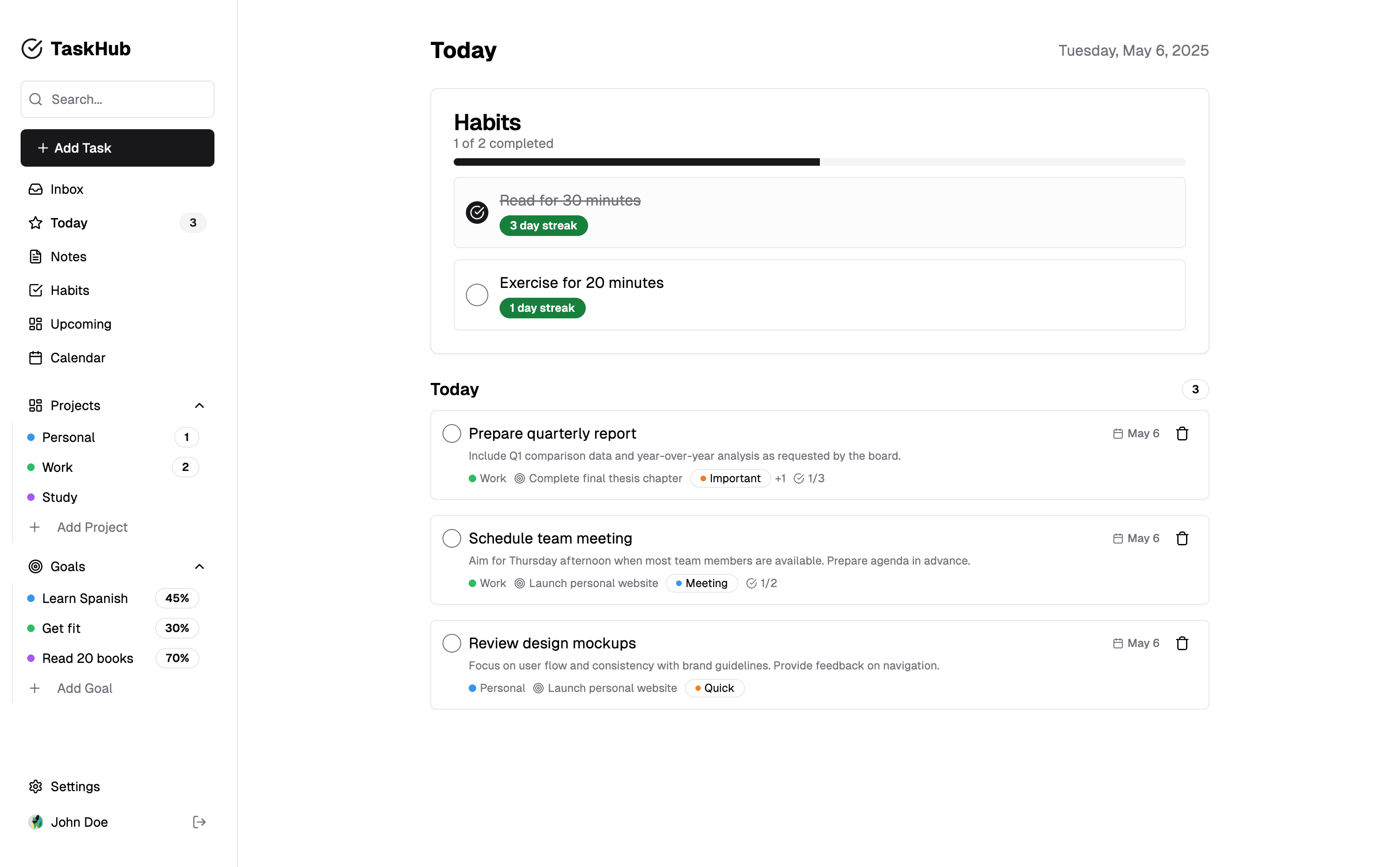 LifeOS Dashboard showing Today view with tasks and habits